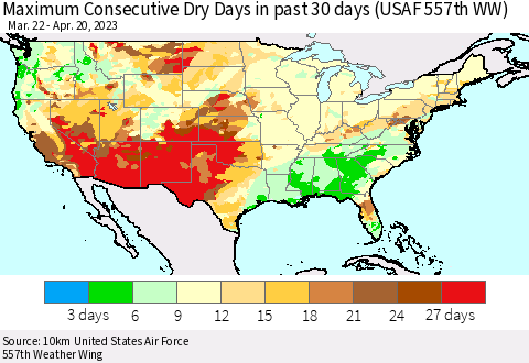 United States Maximum Consecutive Dry Days in past 30 days (USAF 557th WW) 04/20/2023 Thematic Map For 4/16/2023 - 4/20/2023