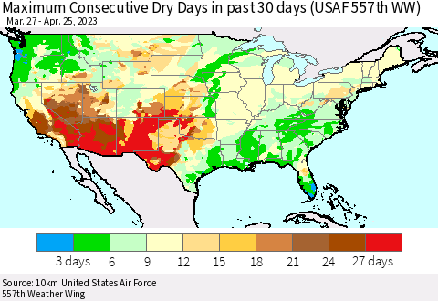 United States Maximum Consecutive Dry Days in past 30 days (USAF 557th WW) 04/25/2023 Thematic Map For 4/21/2023 - 4/25/2023