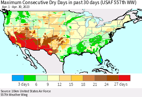 United States Maximum Consecutive Dry Days in past 30 days (USAF 557th WW) 04/30/2023 Thematic Map For 4/26/2023 - 4/30/2023