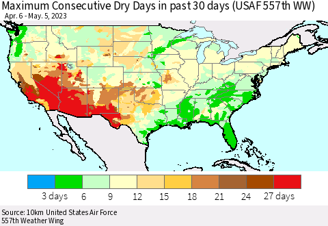 United States Maximum Consecutive Dry Days in past 30 days (USAF 557th WW) 05/05/2023 Thematic Map For 5/1/2023 - 5/5/2023