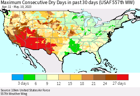 United States Maximum Consecutive Dry Days in past 30 days (USAF 557th WW) 05/10/2023 Thematic Map For 5/6/2023 - 5/10/2023
