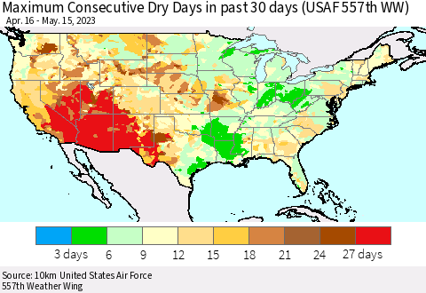 United States Maximum Consecutive Dry Days in past 30 days (USAF 557th WW) 05/15/2023 Thematic Map For 5/11/2023 - 5/15/2023