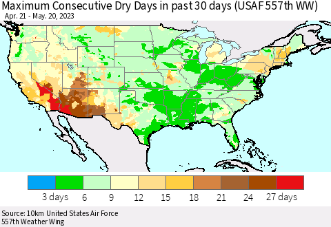 United States Maximum Consecutive Dry Days in past 30 days (USAF 557th WW) 05/20/2023 Thematic Map For 5/16/2023 - 5/20/2023
