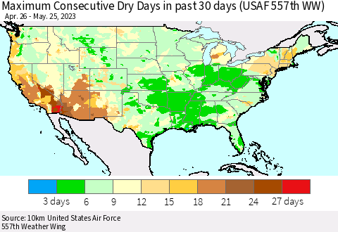 United States Maximum Consecutive Dry Days in past 30 days (USAF 557th WW) 05/25/2023 Thematic Map For 5/21/2023 - 5/25/2023