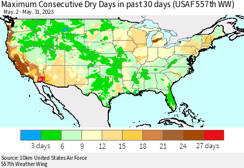 United States Maximum Consecutive Dry Days in past 30 days (USAF 557th WW) 05/31/2023 Thematic Map For 5/26/2023 - 5/31/2023