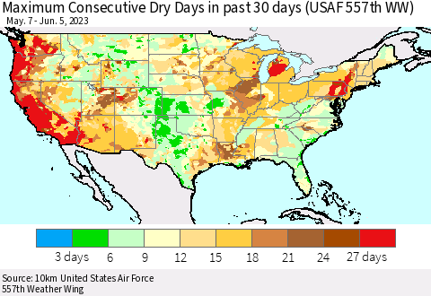 United States Maximum Consecutive Dry Days in past 30 days (USAF 557th WW) 06/05/2023 Thematic Map For 6/1/2023 - 6/5/2023