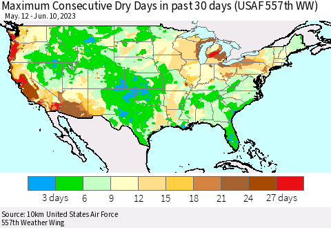 United States Maximum Consecutive Dry Days in past 30 days (USAF 557th WW) 06/10/2023 Thematic Map For 6/6/2023 - 6/10/2023
