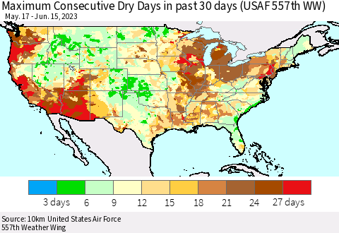 United States Maximum Consecutive Dry Days in past 30 days (USAF 557th WW) 06/15/2023 Thematic Map For 6/11/2023 - 6/15/2023