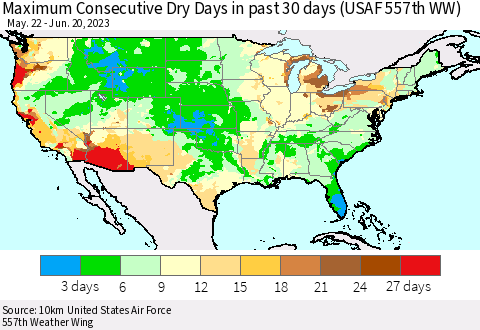 United States Maximum Consecutive Dry Days in past 30 days (USAF 557th WW) 06/20/2023 Thematic Map For 6/16/2023 - 6/20/2023