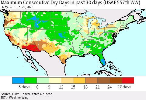 United States Maximum Consecutive Dry Days in past 30 days (USAF 557th WW) 06/25/2023 Thematic Map For 6/21/2023 - 6/25/2023