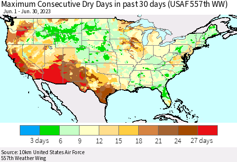 United States Maximum Consecutive Dry Days in past 30 days (USAF 557th WW) 06/30/2023 Thematic Map For 6/26/2023 - 6/30/2023