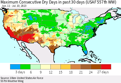 United States Maximum Consecutive Dry Days in past 30 days (USAF 557th WW) 07/10/2023 Thematic Map For 7/6/2023 - 7/10/2023