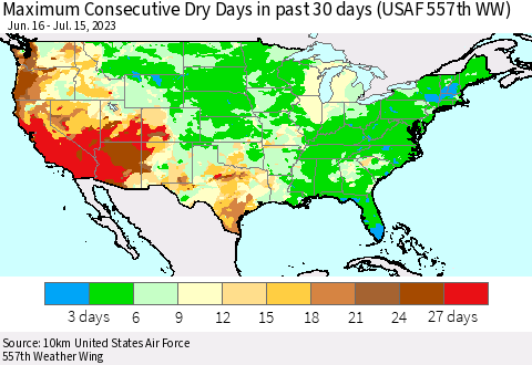 United States Maximum Consecutive Dry Days in past 30 days (USAF 557th WW) 07/15/2023 Thematic Map For 7/11/2023 - 7/15/2023