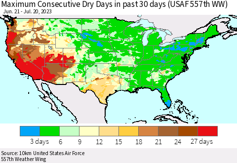 United States Maximum Consecutive Dry Days in past 30 days (USAF 557th WW) 07/20/2023 Thematic Map For 7/16/2023 - 7/20/2023
