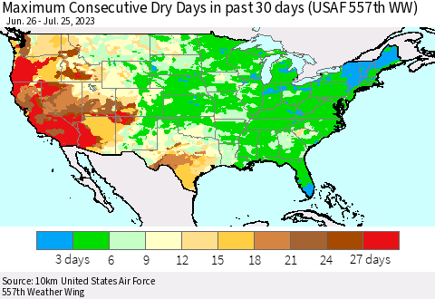 United States Maximum Consecutive Dry Days in past 30 days (USAF 557th WW) 07/25/2023 Thematic Map For 7/21/2023 - 7/25/2023