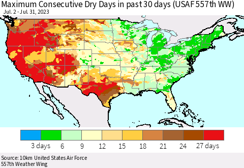 United States Maximum Consecutive Dry Days in past 30 days (USAF 557th WW) 07/31/2023 Thematic Map For 7/26/2023 - 7/31/2023