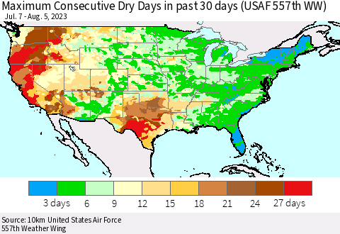 United States Maximum Consecutive Dry Days in past 30 days (USAF 557th WW) 08/05/2023 Thematic Map For 8/1/2023 - 8/5/2023