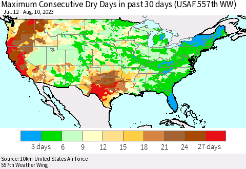 United States Maximum Consecutive Dry Days in past 30 days (USAF 557th WW) 08/10/2023 Thematic Map For 8/6/2023 - 8/10/2023