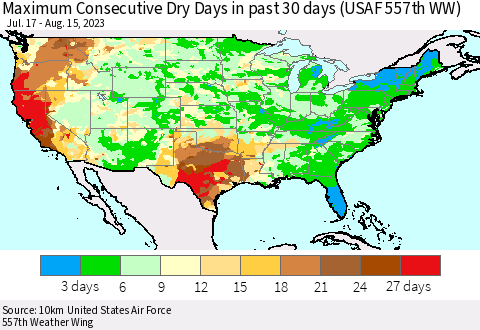 United States Maximum Consecutive Dry Days in past 30 days (USAF 557th WW) 08/15/2023 Thematic Map For 8/11/2023 - 8/15/2023