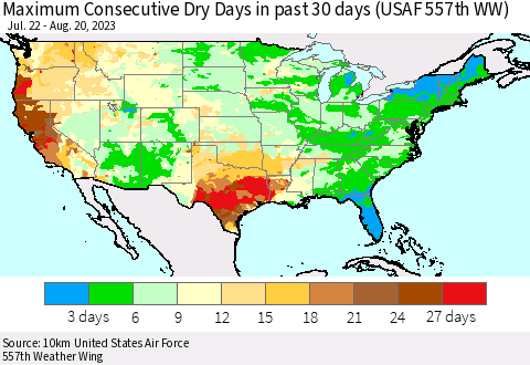 United States Maximum Consecutive Dry Days in past 30 days (USAF 557th WW) 08/20/2023 Thematic Map For 8/16/2023 - 8/20/2023