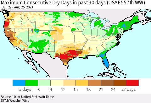 United States Maximum Consecutive Dry Days in past 30 days (USAF 557th WW) 08/25/2023 Thematic Map For 8/21/2023 - 8/25/2023