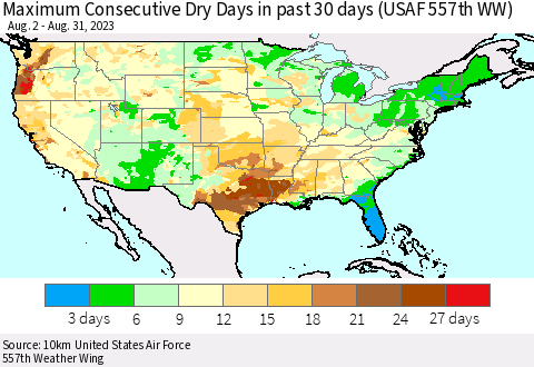 United States Maximum Consecutive Dry Days in past 30 days (USAF 557th WW) 08/31/2023 Thematic Map For 8/26/2023 - 8/31/2023
