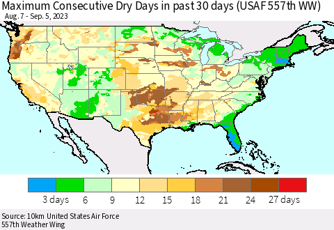 United States Maximum Consecutive Dry Days in past 30 days (USAF 557th WW) 09/05/2023 Thematic Map For 9/1/2023 - 9/5/2023
