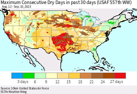 United States Maximum Consecutive Dry Days in past 30 days (USAF 557th WW) 09/10/2023 Thematic Map For 9/6/2023 - 9/10/2023