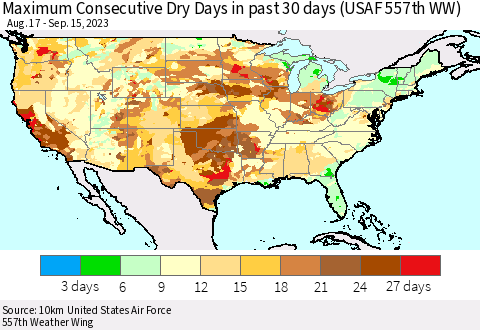 United States Maximum Consecutive Dry Days in past 30 days (USAF 557th WW) 09/15/2023 Thematic Map For 9/11/2023 - 9/15/2023