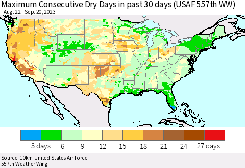 United States Maximum Consecutive Dry Days in past 30 days (USAF 557th WW) 09/20/2023 Thematic Map For 9/16/2023 - 9/20/2023