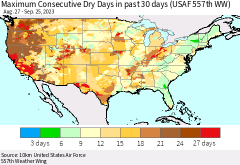 United States Maximum Consecutive Dry Days in past 30 days (USAF 557th WW) 09/25/2023 Thematic Map For 9/21/2023 - 9/25/2023