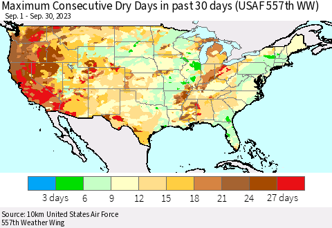United States Maximum Consecutive Dry Days in past 30 days (USAF 557th WW) 09/30/2023 Thematic Map For 9/26/2023 - 9/30/2023