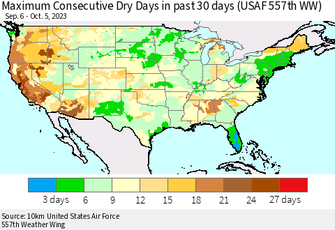 United States Maximum Consecutive Dry Days in past 30 days (USAF 557th WW) 10/05/2023 Thematic Map For 10/1/2023 - 10/5/2023