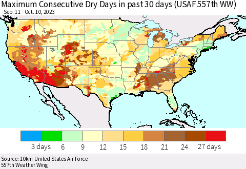 United States Maximum Consecutive Dry Days in past 30 days (USAF 557th WW) 10/10/2023 Thematic Map For 10/6/2023 - 10/10/2023