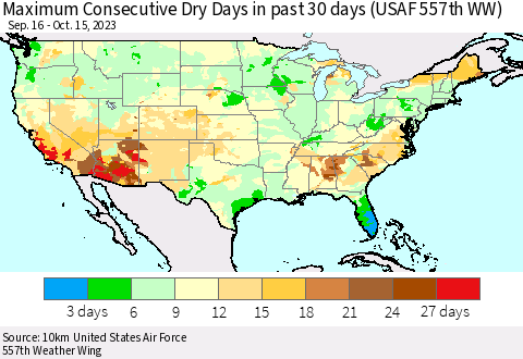 United States Maximum Consecutive Dry Days in past 30 days (USAF 557th WW) 10/15/2023 Thematic Map For 10/11/2023 - 10/15/2023