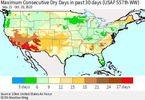 United States Maximum Consecutive Dry Days in past 30 days (USAF 557th WW) 10/20/2023 Thematic Map For 10/16/2023 - 10/20/2023