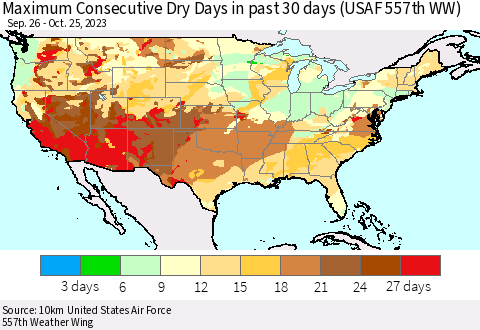 United States Maximum Consecutive Dry Days in past 30 days (USAF 557th WW) 10/25/2023 Thematic Map For 10/21/2023 - 10/25/2023