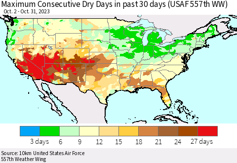 United States Maximum Consecutive Dry Days in past 30 days (USAF 557th WW) 10/31/2023 Thematic Map For 10/26/2023 - 10/31/2023