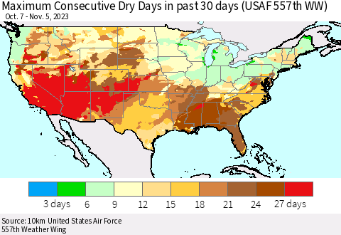 United States Maximum Consecutive Dry Days in past 30 days (USAF 557th WW) 11/05/2023 Thematic Map For 11/1/2023 - 11/5/2023