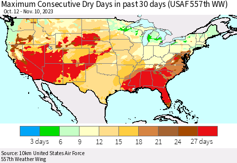 United States Maximum Consecutive Dry Days in past 30 days (USAF 557th WW) 11/10/2023 Thematic Map For 11/6/2023 - 11/10/2023