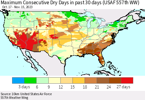 United States Maximum Consecutive Dry Days in past 30 days (USAF 557th WW) 11/15/2023 Thematic Map For 11/11/2023 - 11/15/2023