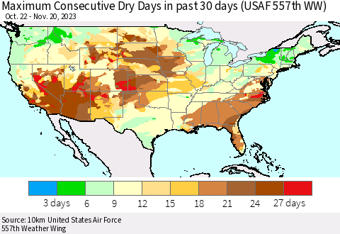 United States Maximum Consecutive Dry Days in past 30 days (USAF 557th WW) 11/20/2023 Thematic Map For 11/16/2023 - 11/20/2023