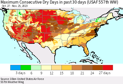 United States Maximum Consecutive Dry Days in past 30 days (USAF 557th WW) 11/25/2023 Thematic Map For 11/21/2023 - 11/25/2023