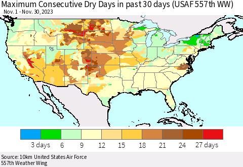 United States Maximum Consecutive Dry Days in past 30 days (USAF 557th WW) 11/30/2023 Thematic Map For 11/26/2023 - 11/30/2023