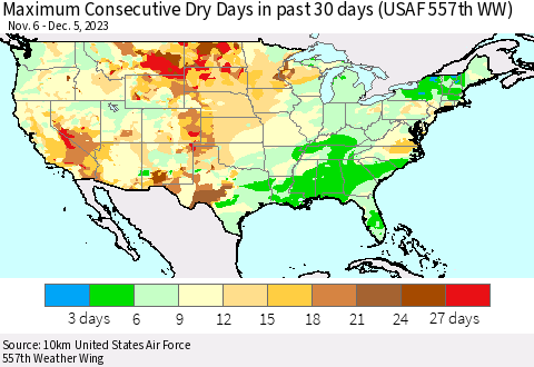 United States Maximum Consecutive Dry Days in past 30 days (USAF 557th WW) 12/05/2023 Thematic Map For 12/1/2023 - 12/5/2023