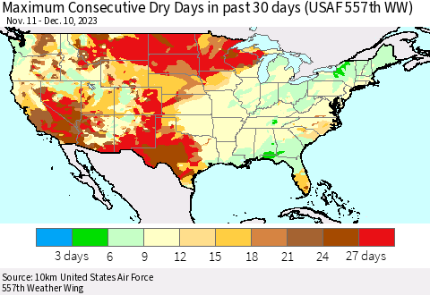 United States Maximum Consecutive Dry Days in past 30 days (USAF 557th WW) 12/10/2023 Thematic Map For 12/6/2023 - 12/10/2023