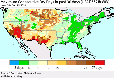 United States Maximum Consecutive Dry Days in past 30 days (USAF 557th WW) 12/15/2023 Thematic Map For 12/11/2023 - 12/15/2023