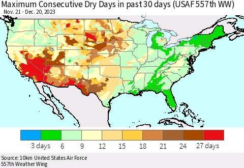 United States Maximum Consecutive Dry Days in past 30 days (USAF 557th WW) 12/20/2023 Thematic Map For 12/16/2023 - 12/20/2023