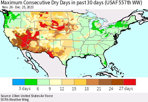 United States Maximum Consecutive Dry Days in past 30 days (USAF 557th WW) 12/25/2023 Thematic Map For 12/21/2023 - 12/25/2023
