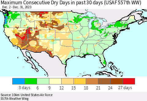 United States Maximum Consecutive Dry Days in past 30 days (USAF 557th WW) 12/31/2023 Thematic Map For 12/26/2023 - 12/31/2023